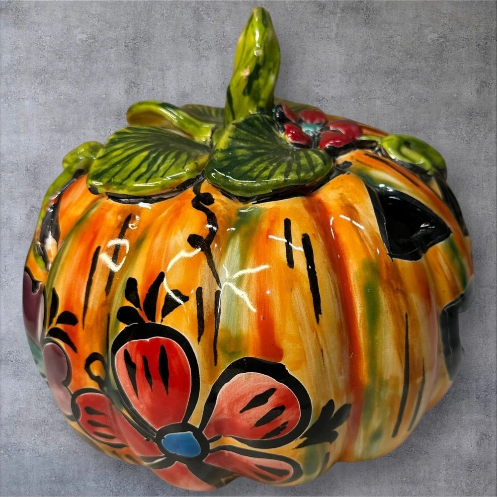 Hand Painted Ceramic Pumpkin Jack-O-Lantern H. MEX Mexican‎ Folk Art 7